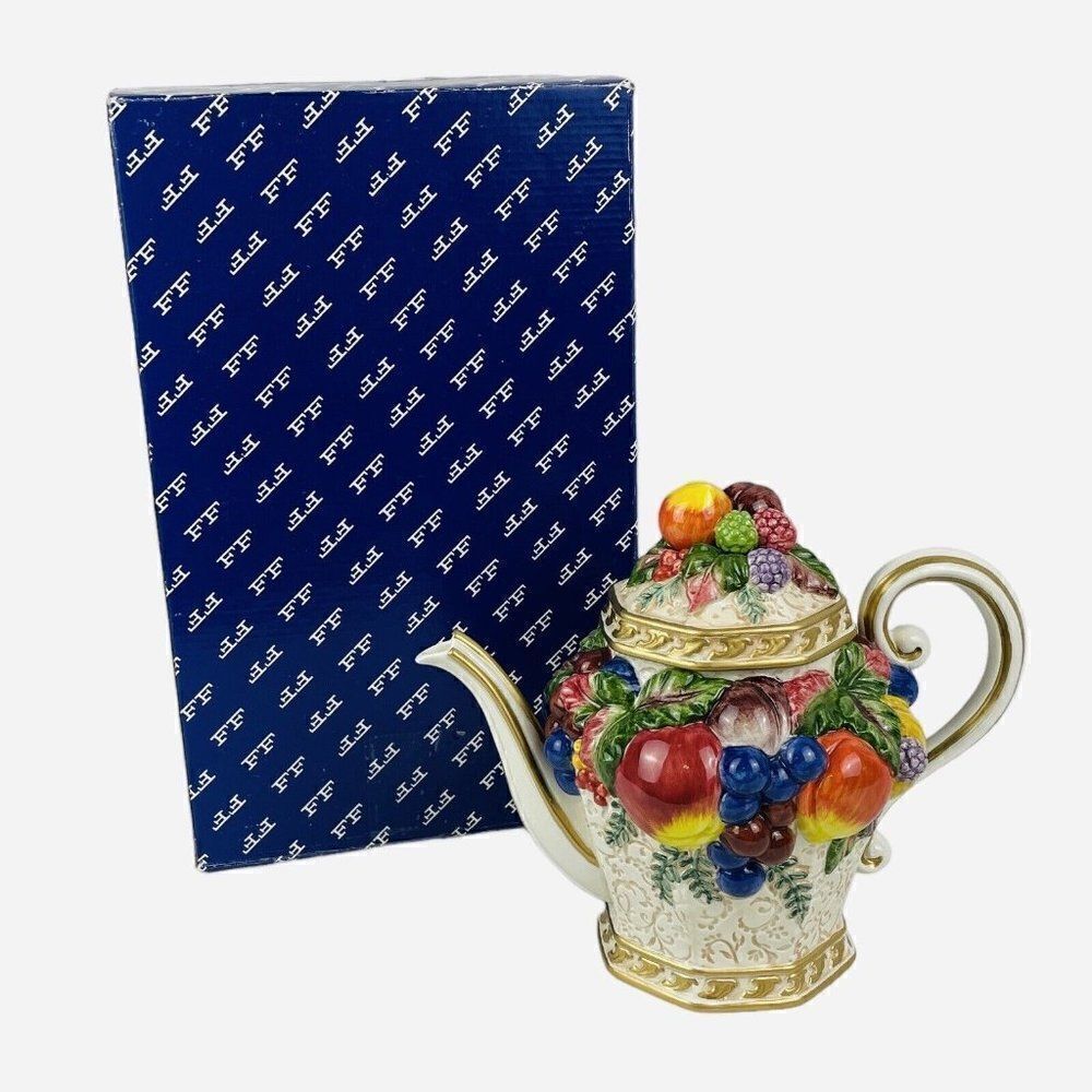 Vintage Fitz and Floyd Venezia Teapot Embossed Fruit Gold Trim Handpainted READ